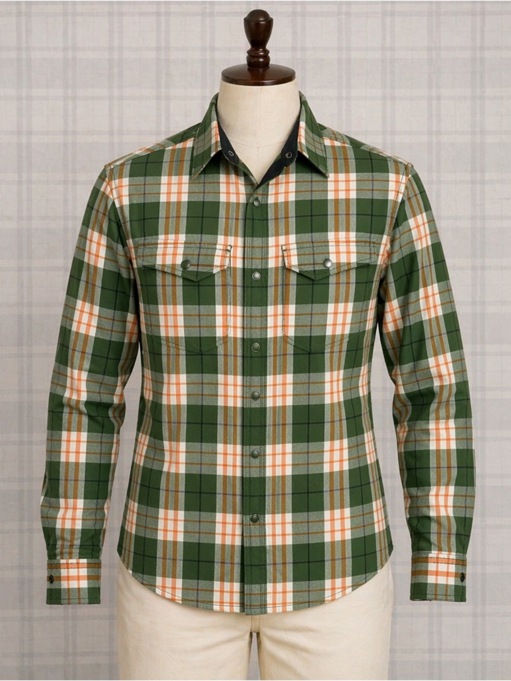 The North Face Green, White & Orange Plaid Button-Down Shirt Western Snap Close